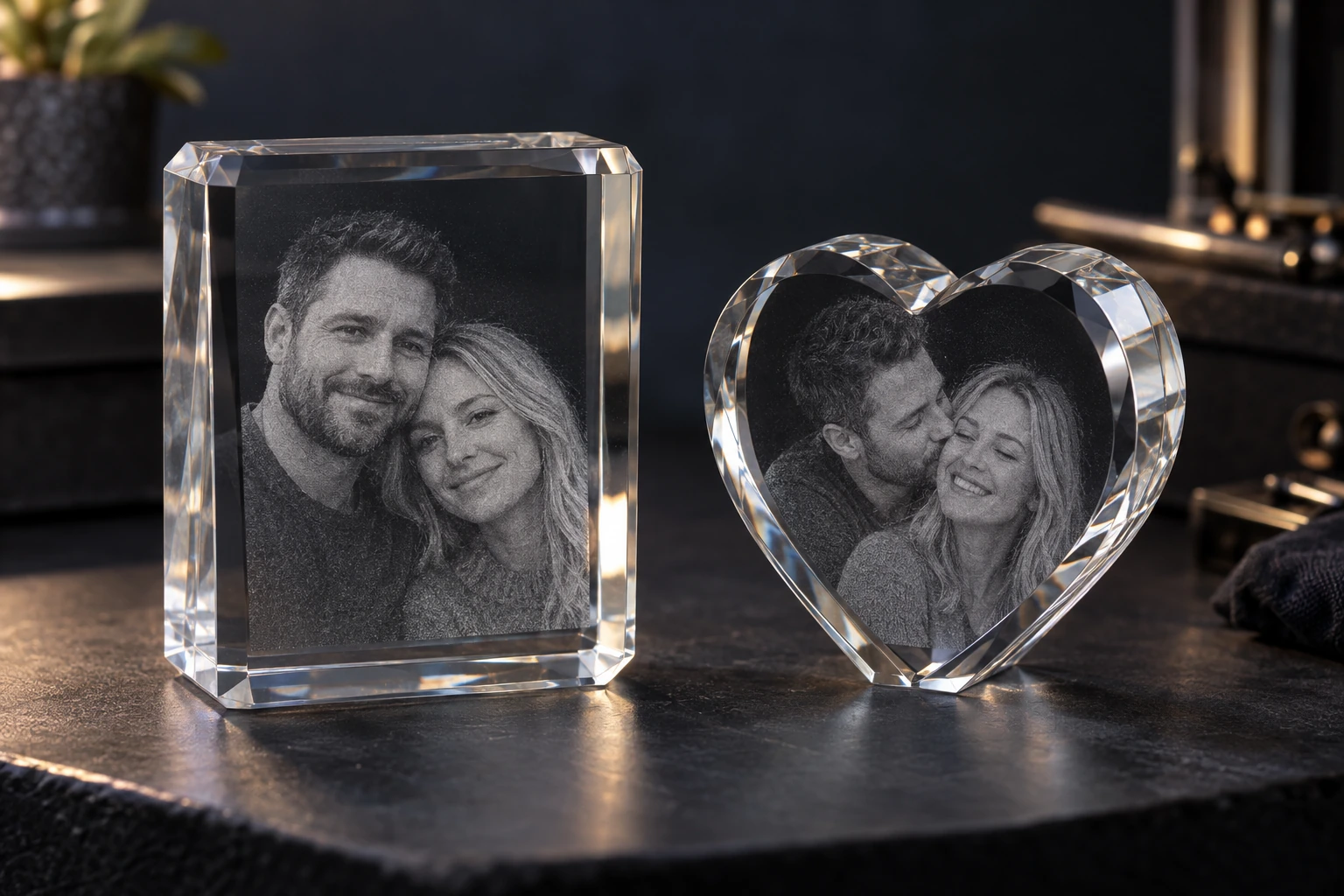 Illustrative rectangular and heart-shaped crystal portrait keepsakes in a professional studio setting
