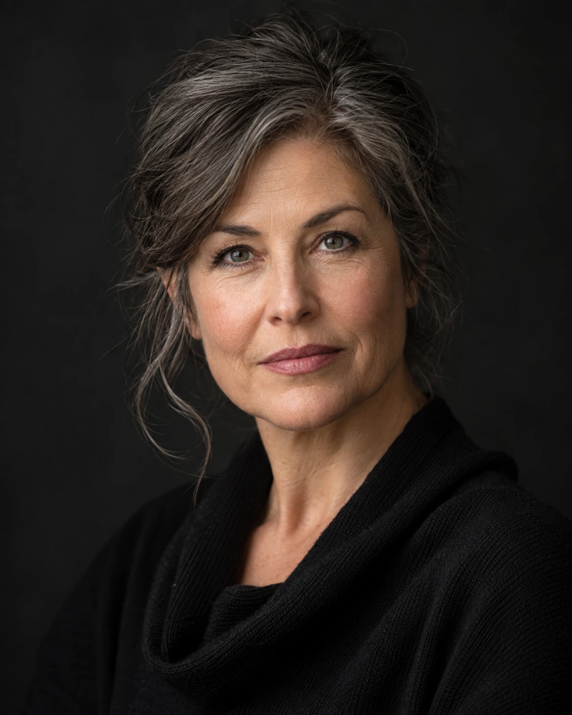 Professional editorial portrait of a fictional woman against a dark background