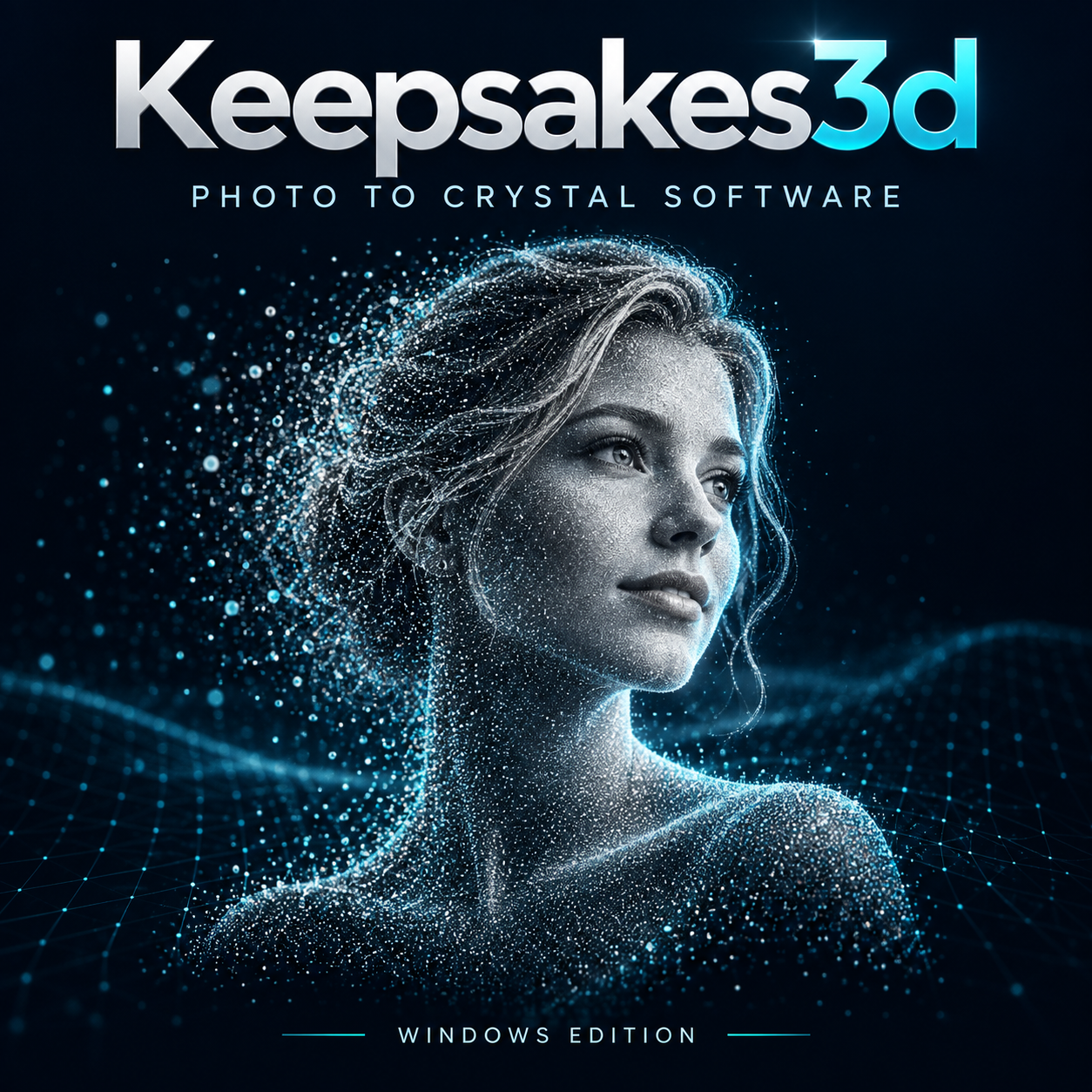 Keepsakes3d Windows photo-to-crystal software cover with an illustrated portrait formed from luminous points.