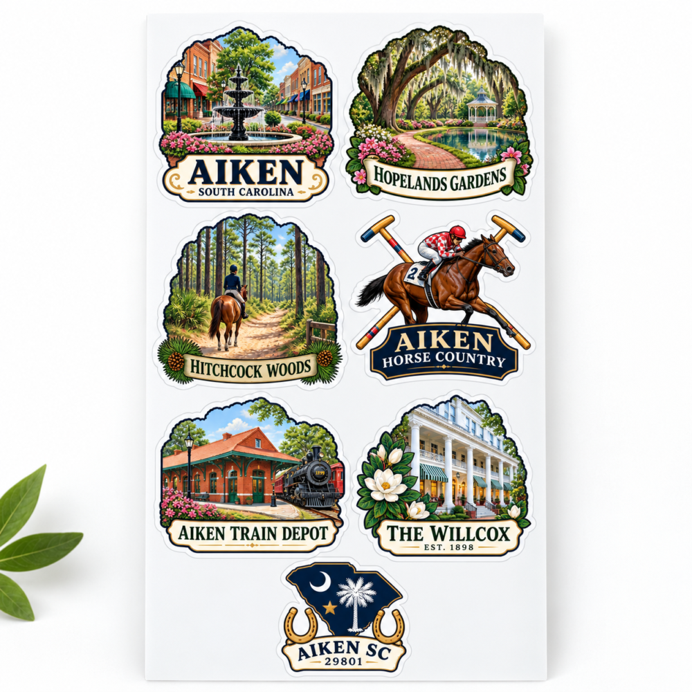 Aiken South Carolina 4 by 7 town sticker sheet with seven local designs
