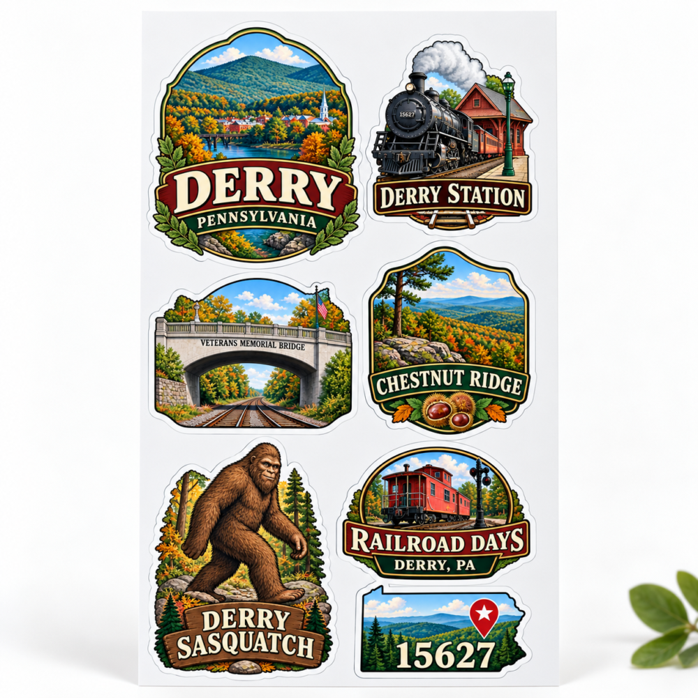Derry Pennsylvania 4 by 7 town sticker sheet with seven local designs