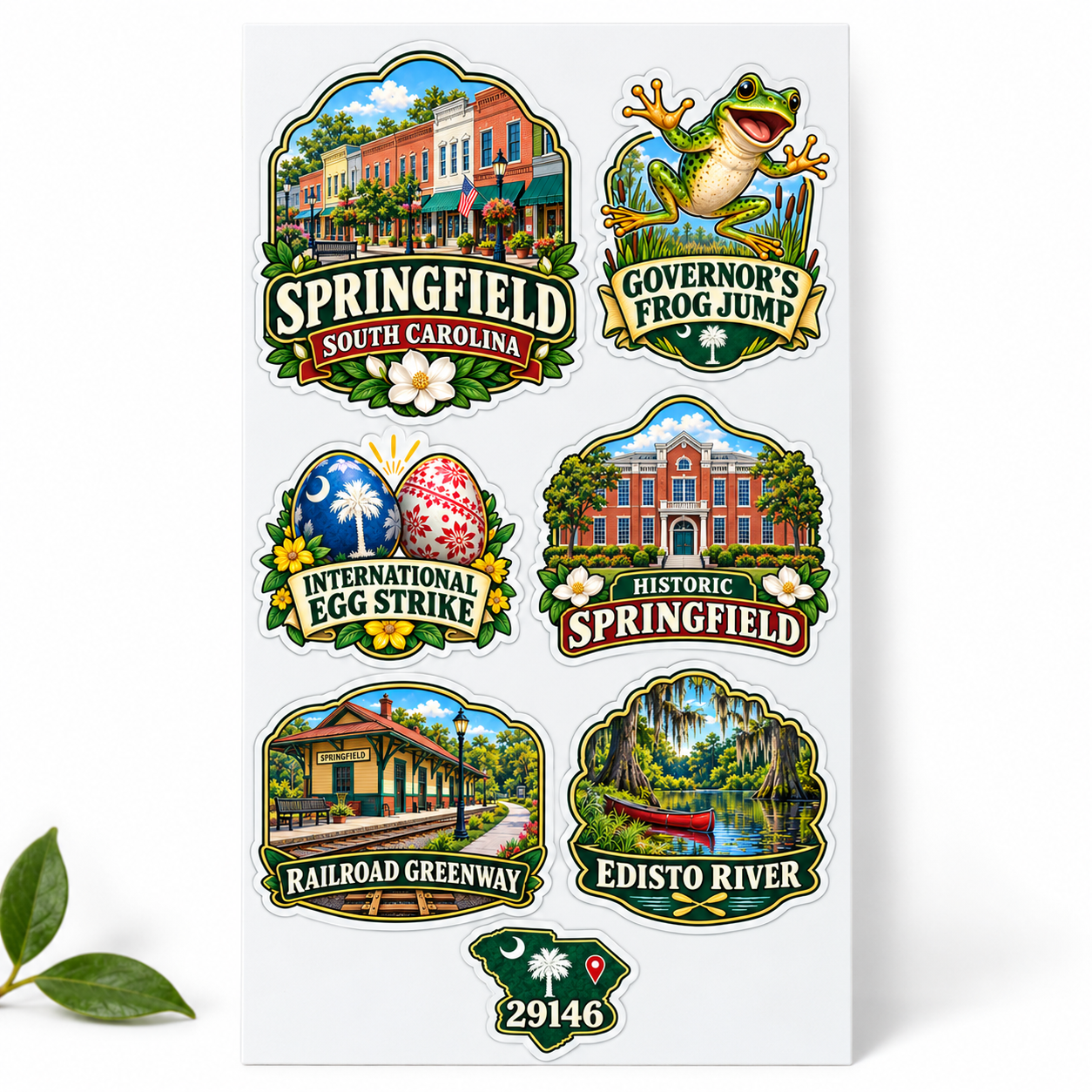 Springfield South Carolina 4 by 7 town sticker sheet with seven local designs