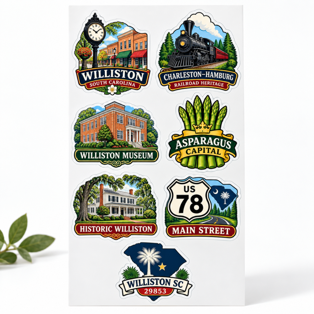 Williston South Carolina 4 by 7 town sticker sheet with seven local designs
